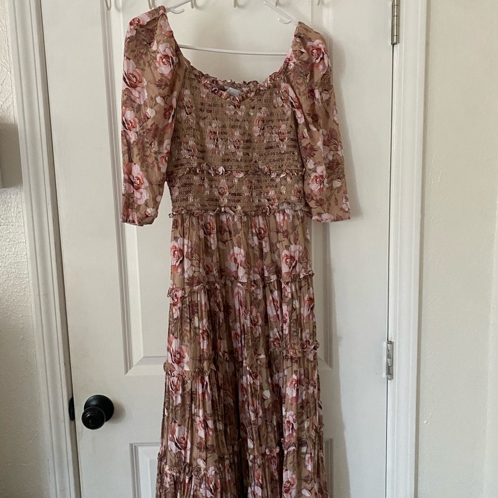 Ivy City Co Pink and Brown Smocked Midi Sundress